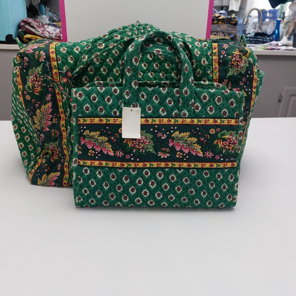 Vera Bradley Vintage Greenfields Large Duffel & Travel Toiletries Organizer NWT